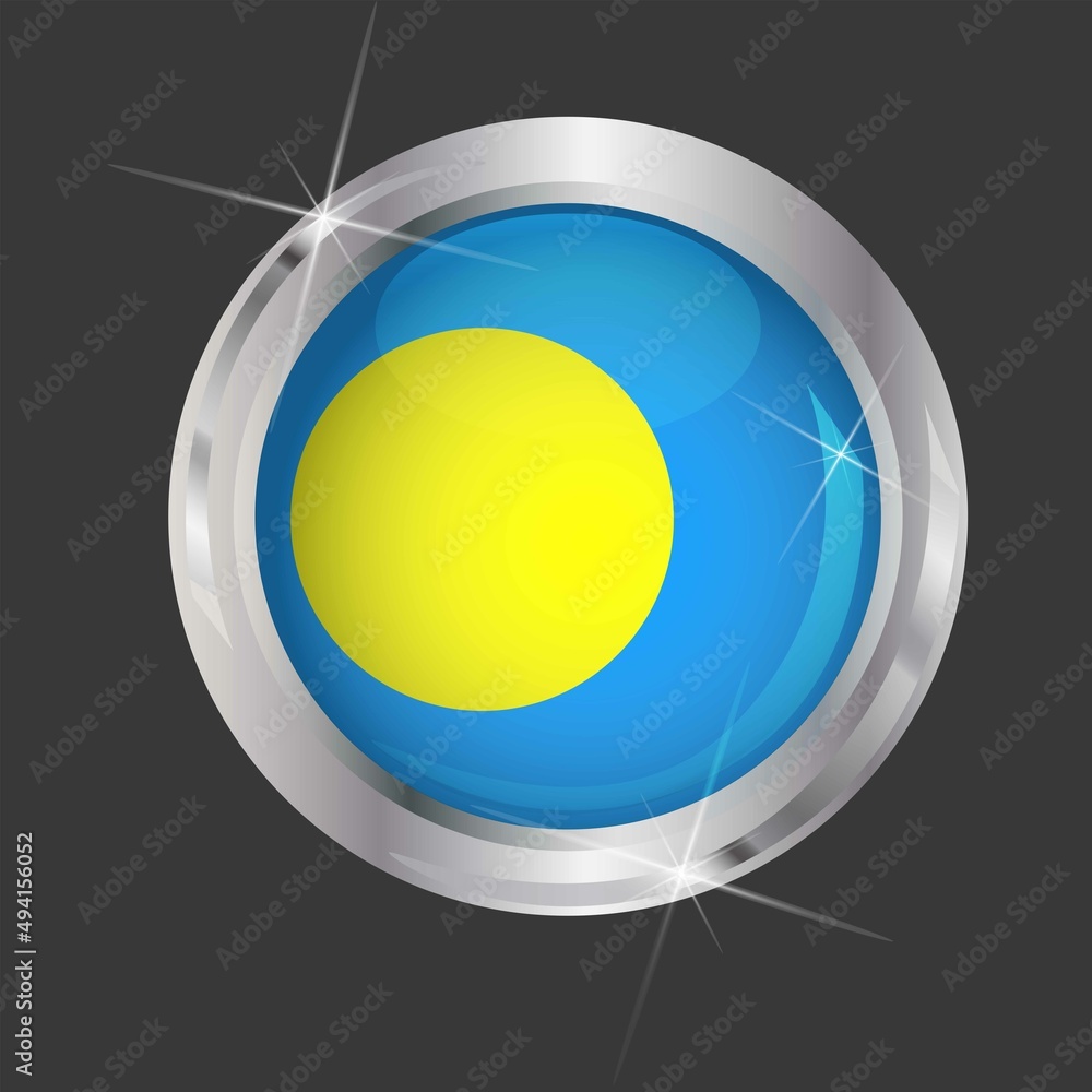 Flag of Palau in circle. 3D effect. Glossy and shiny button with metal frame and sparkles. Light reflection. Round Graphic design element. Isolated on gray background. Vector image EPS10