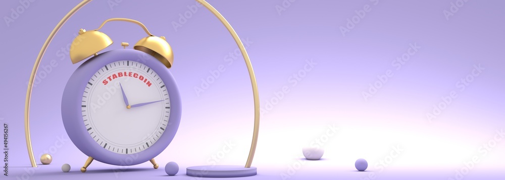 Naklejka premium Cryptocurrency concept. Alarm clock with stablecoin text. 3D render