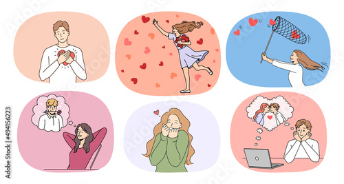 Set of happy young people catch hearts with net look for love. Collection of smiling men and women feel affection and romance enjoy relationships with partners. Relation. Vector illustration. 