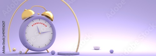 Cryptocurrency concept. Alarm clock with stablecoin text. 3D render
