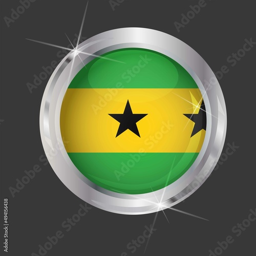 Free Download Flag of Sao Tome and Principe in circle. 3D effect. Glossy and shiny button with metal frame and sparkles. Light reflection. Round Graphic design element. Isolated on gray background. Vector EPS10 - GFXLoad