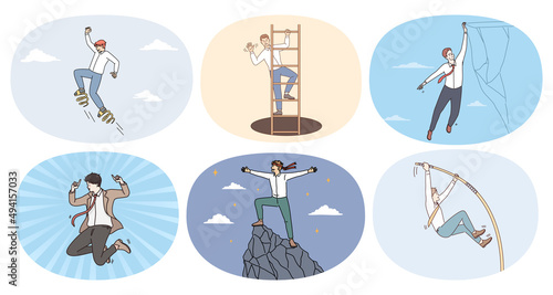 Set of motivated man employee or worker strive for career success reach top. Collection of confident businessman goal or aim achievement or accomplishment. Vector illustration. 