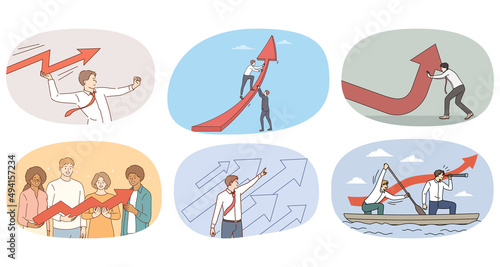 Collection of diverse businesspeople with arrows motivated for good business result or promotion. Set of employees grow economy. Goal achievement and success. Vector illustration. 