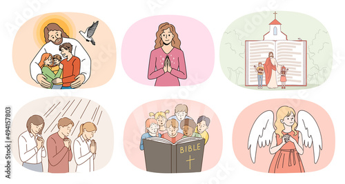 Set of religious people and Jesus Christ. Concept of faith and religion. Collection of children and adults praying to lord, believe in high powers. Superstition and belief. Vector illustration. 