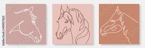 Line Art Set of 3 Prints with Horse. Abstract Line Art Drawing of Horses Head. Mid Century Wall Line Art Print Set for Wall Decor, Prints, Posters, Social Media. Vector EPS 10