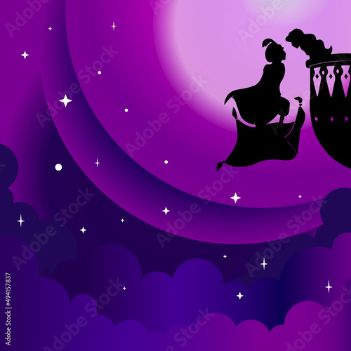 Vector Aladdin and yasmin silhouette in Arabian night photo