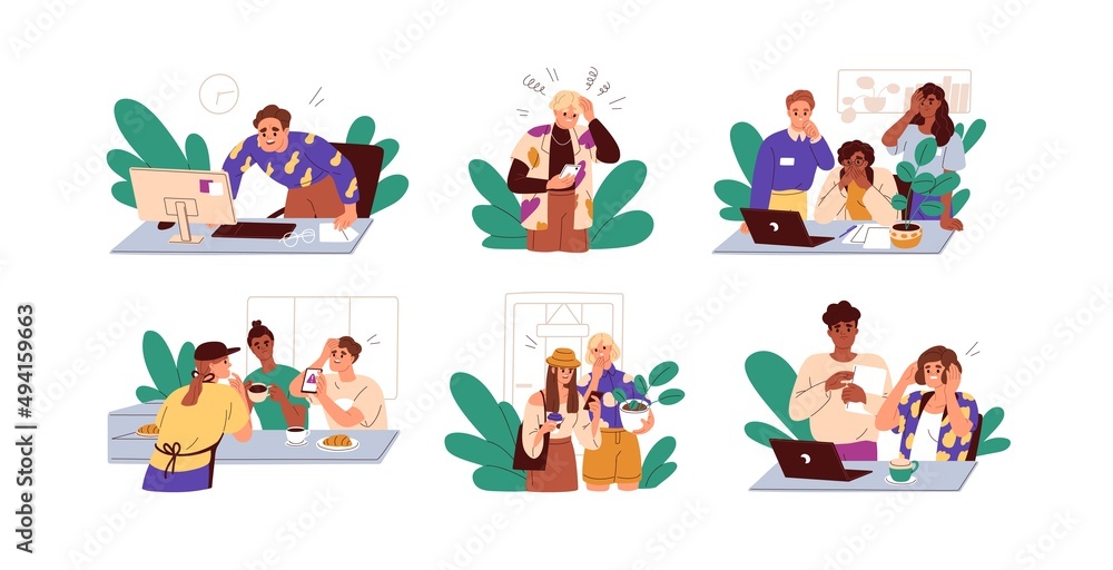 People in stress and anxiety after bad news, negative information. Sad, shocked, worried men and women in panic with unexpected message. Flat graphic vector illustrations isolated on white background