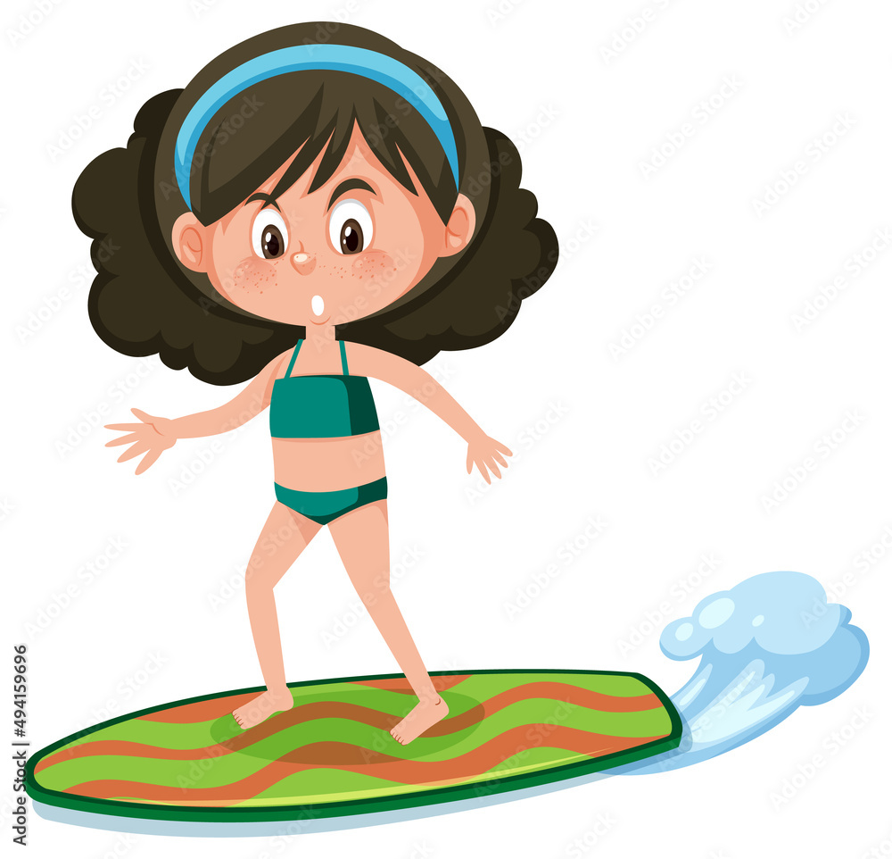 A girl playing surfboard on white background A girl playing surfboard on white background