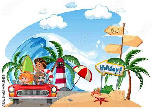 Vacation roadtrip on the beach with many children