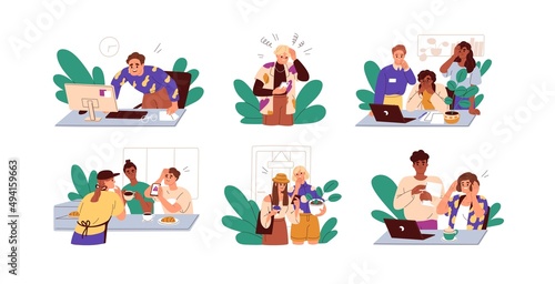People in stress and anxiety after bad news  negative information. Sad  shocked  worried men and women in panic with unexpected message. Flat graphic vector illustrations isolated on white background