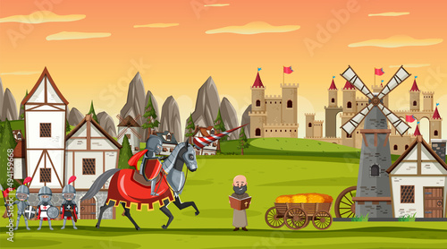 Fototapeta Naklejka Na Ścianę i Meble -  Medieval town scene in cartoon style