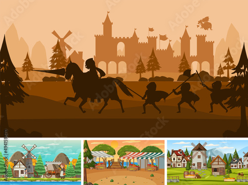 Set of different scene medieval with silhouette