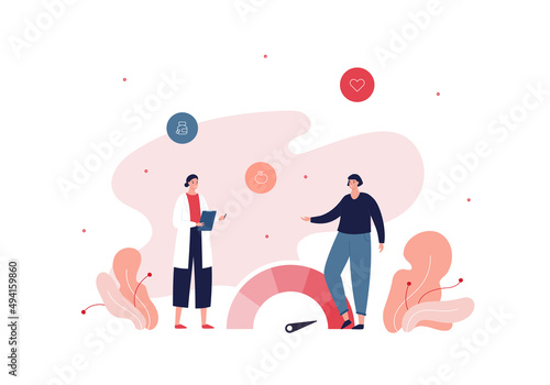 Healthcare for weight treatment concept. Vector flat people illustration. Doctor and female patient character. Woman with overweight on nutricionist consultation. Diagram with arrow measure symbol.