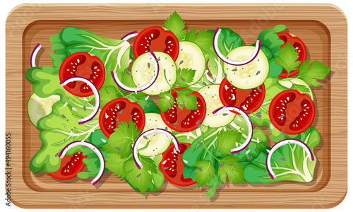 Top view of salad on a wooden tray