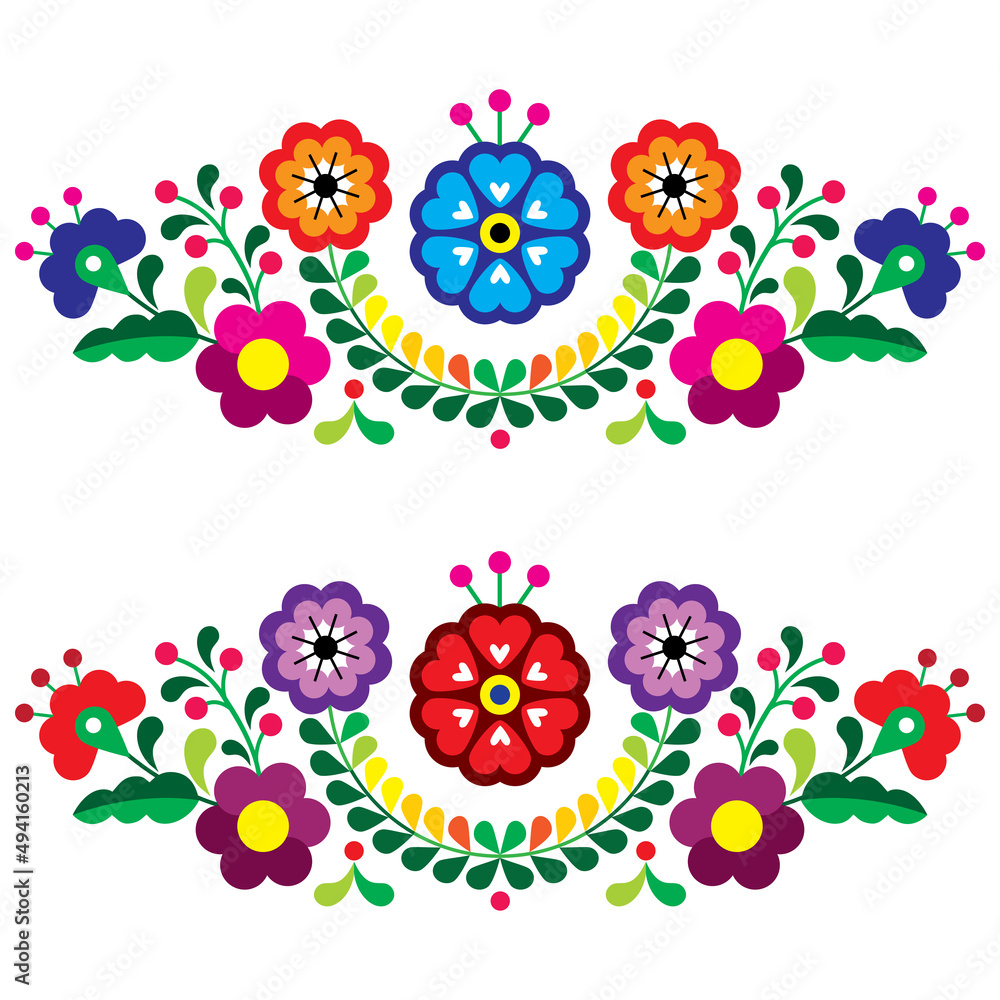 Mexican folk art style vector floral pattern long horizontal oriented,  designs inspired by traditional embroidery from Mexico Stock Vector | Adobe  Stock