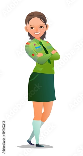 Pretty little girl in scout uniform with badges. Cheerful girl. Standing pose. Cartoon flat design in comic style. Single character. Illustration isolated on white background. Vector