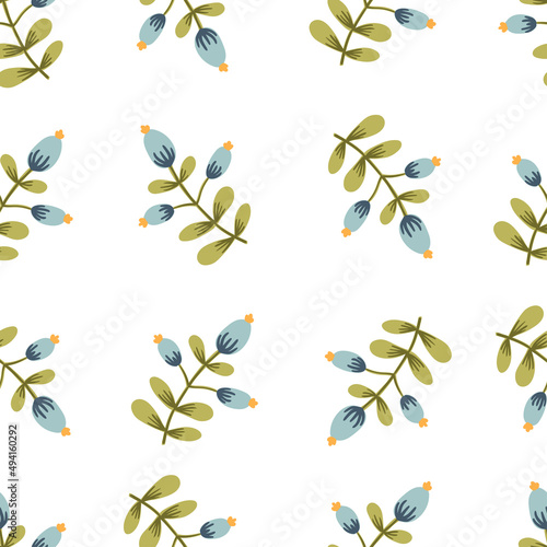 Oriental mystic motif branches with stylized ornamental flowers and berries in folk vintage style inspired by northern mythology, fairy tales seamless pattern. Vector flat cartoon texture background