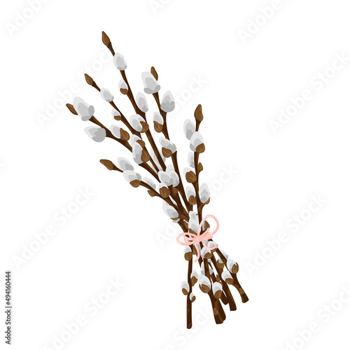 Easter bouquet from spring twigs easter blossom pussy willow tree with a bow. Vector spring holiday illustration in cartoon flat style isolated on a white background. photo