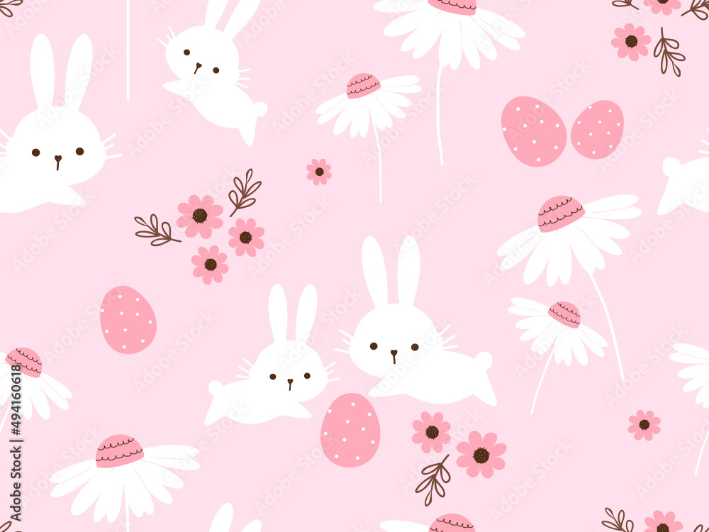 Seamless pattern with rabbits, daisy flower, Easter eggs on pink background vector.