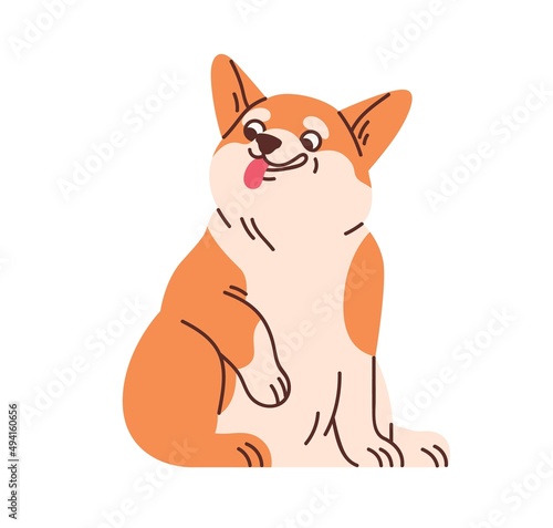 Cute Welsh corgi sitting. Funny amusing dog with tongue out. Adorable lovely happy doggy with positive comic emotions. Sweet charming puppy. Flat vector illustration isolated on white background