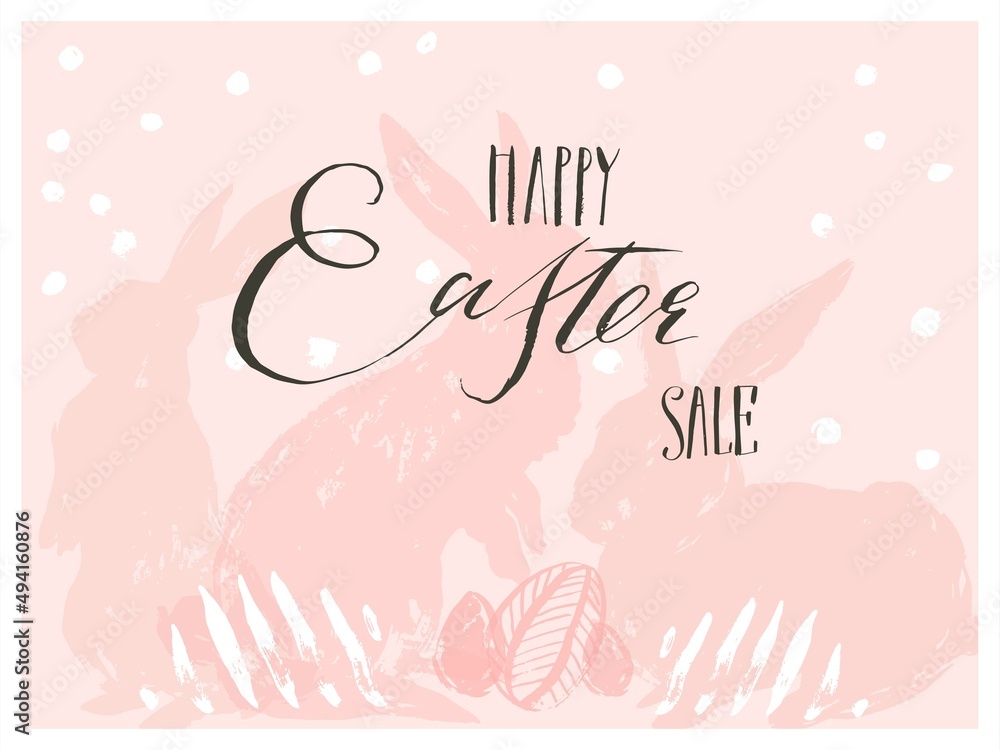 Hand drawn vector abstract graphic scandinavian collage Happy Easter cute simple bunny silhouette illustrations greeting card and Happy Easter Sale handwritten calligraphy isolated on pink background