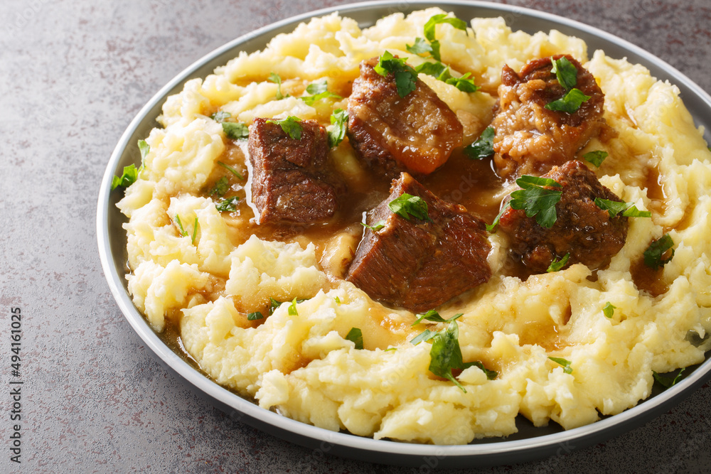Slowly stewed beef with wine and vinegar garnished with mashed potatoes close-up in a plate on the table. horizontal Slowly stewed beef with wine and vinegar garnished with mashed potatoes close-up in a plate on the table. horizontal