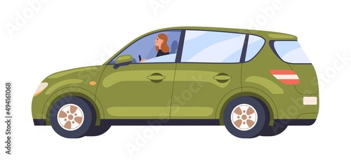 Car with woman driver inside. Person driving automobile with open window, side view. Happy auto owner, rider enjoying ride, profile. Flat vector illustration isolated on white background
