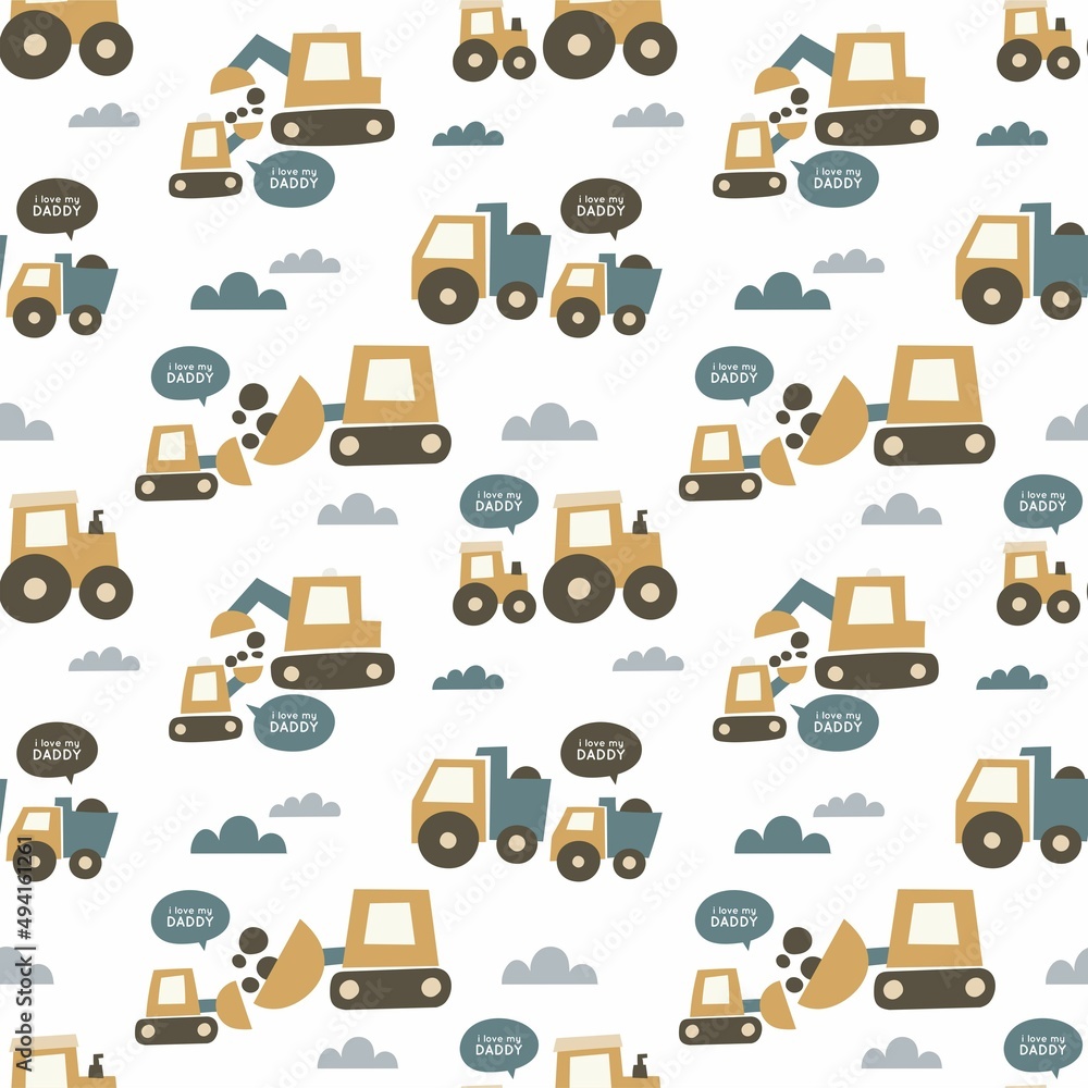 Cute cartoon cars Daddy and baby. Vector print with truck, tractor, excavator. Happy father's day seamless pattern