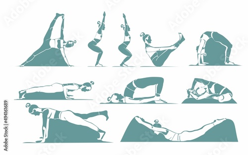 A big set of yoga poses female siluets. 10 isolated asanas on white background