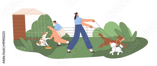 People at canine shelter, walking, training and feeding dogs. Pet sitters, walkers with doggies. Volunteers care about puppies, animals on yard outdoors. Flat vector illustration isolated on white