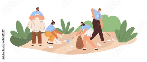 People collecting litter, garbage into trash bags. Eco volunteers raking, picking up plastic waste, cleaning environment, nature from rubbish. Flat vector illustration isolated on white background
