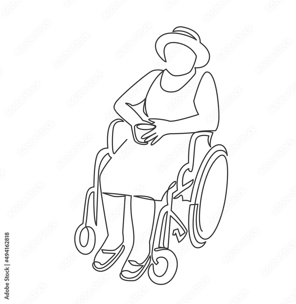 Single old woman sitting at wheelchair holding mug with tea continuous line vector illustration Single old woman sitting at wheelchair holding mug with tea continuous line vector illustration