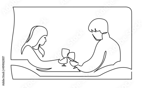 Happy couple romantic date monochrome continuous line vector illustration. Simple hand drawn sketch