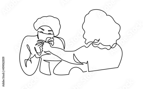 Female master at beauty salon working with client doing manicure minimalist continuous line vector
