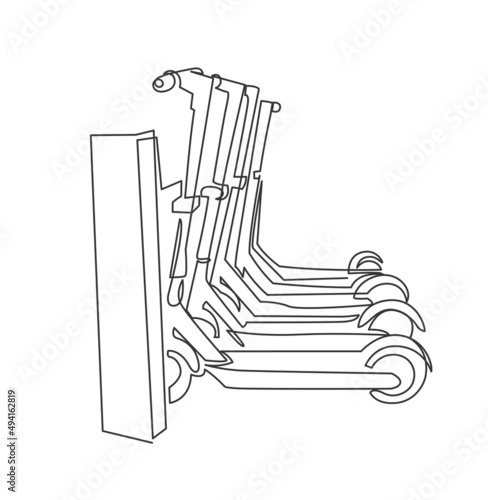 Four electric scooters charge electrical mains continuous line vector illustration