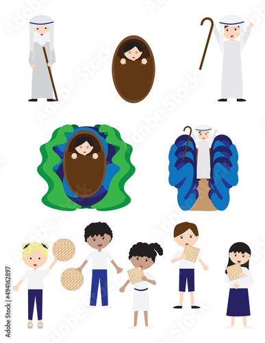 Passover characters set, Kids with matzah and Moses characters