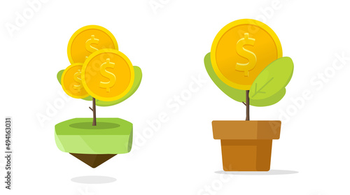 Money tree finance concept vector as business and investment save and growth flat cartoon illustration isolated on white, financial profit dollar income, environmental economy invest modern design