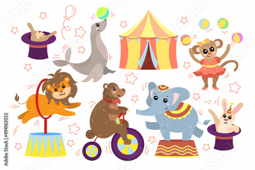 Funny circus animals doing tricks cartoon illustration set. Monkey juggling balls, bear riding bike, elephant standing on stage, rabbit sitting in hat, lion jumping over circle. Magicians concept
