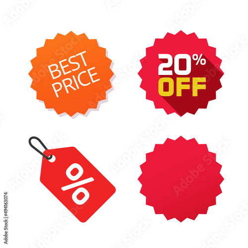 Offer promo special best price tag icon vector or discount off sale label badge product shop sticker flat cartoon illustration red color, 20 percent promotion rosette button and blank empty template