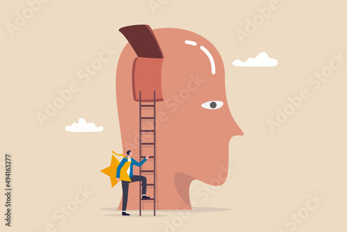 Brand recognition, marketing idea to launch ads and advertising, commercial trademark or brand loyalty, consumer recognize brand, businessman holding star climb up ladder to put into consumer brain.