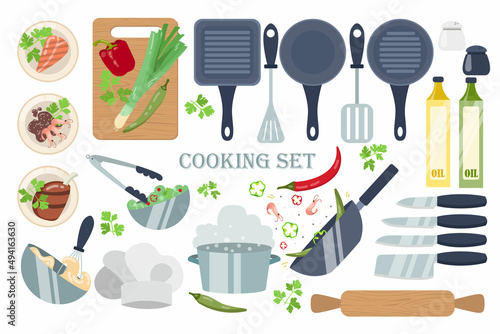 Salad making process cartoon illustration set. Knives, bottles of oil, chefs hat, pans, spatula, kitchen board with vegetables isolated on white background. Restaurant, culinary, dinner concept photo