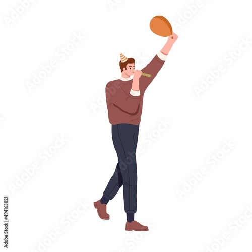 Happy man in birthday party hat walking with balloon, blowing in festive pipe. Excited person celebrating and congratulating with holiday. Flat vector illustration isolated on white background