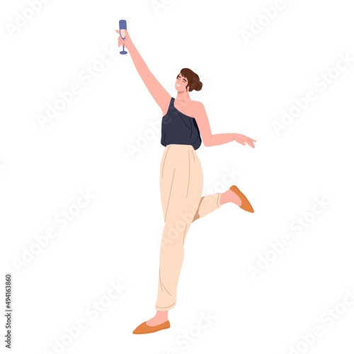 Happy woman celebrates holiday party, holding champagne glass in raised hand. Smiling female rejoicing and drinking alcohol at festive event. Flat vector illustration isolated on white background