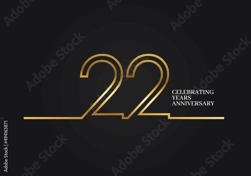22 Years Anniversary logotype with golden colored font numbers made of one connected line, isolated on black background for company celebration event, birthday