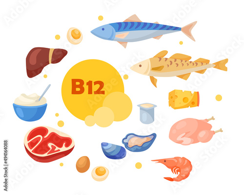 Vitamin b12-enriched food cartoon collection set. Organic meat  fish  milk  cheese  tuna  shrimp  curd  eggs containing vitamin isolated on white background. Balanced diet  meal  healthcare concept
