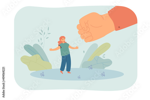 Huge fist threatening tiny girl flat vector illustration. Parents abusing or punishing child. Family, problem, awareness concept for banner, website design or landing web page