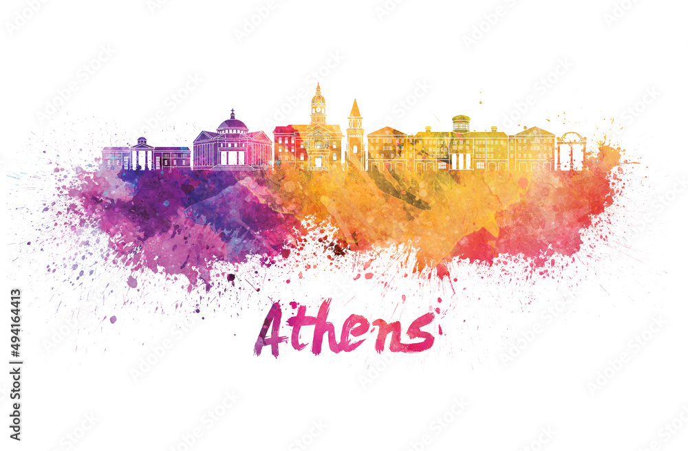 Athens GA skyline in watercolor splatters with clipping path