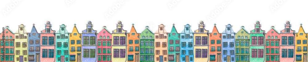 Watercolor illustration of a board of cute old town houses. European multicolored houses, bridges, cartoon trees, street lamp, pigeons, clouds. For the design of postcards, posters, banners, website.