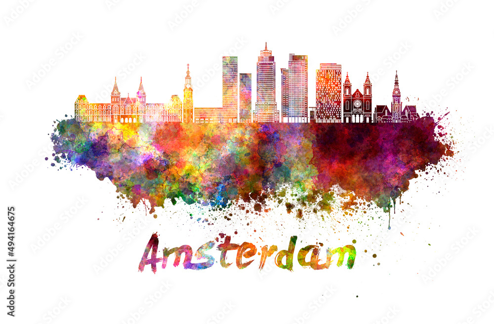 Amsterdam V2 skyline in watercolor