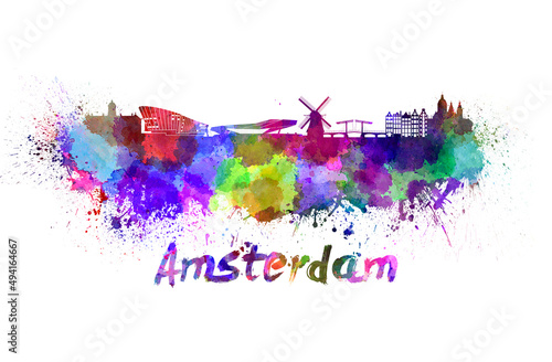 Photography Amsterdam skyline in watercolor
